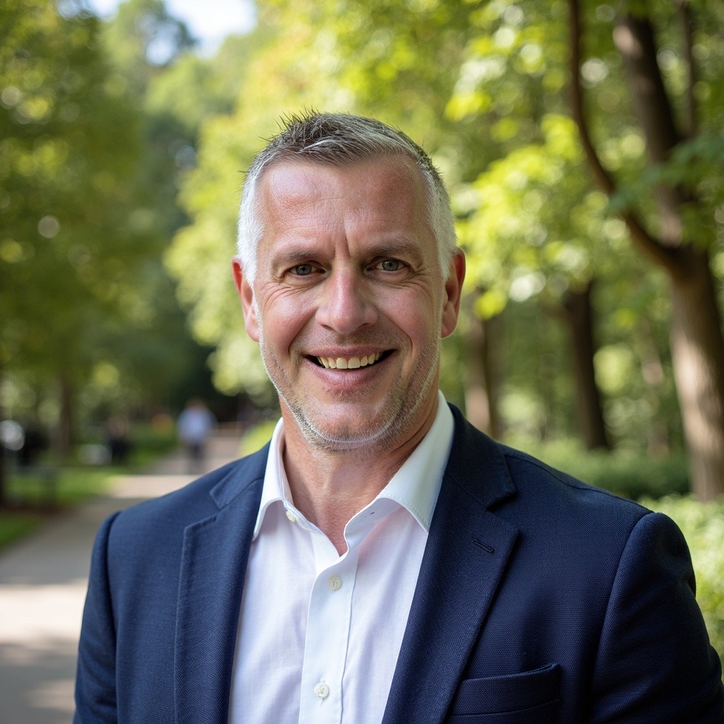 Smiling man in a suit stands outdoors, surrounded by greenery, conveying approachability and professionalism in a park setting.