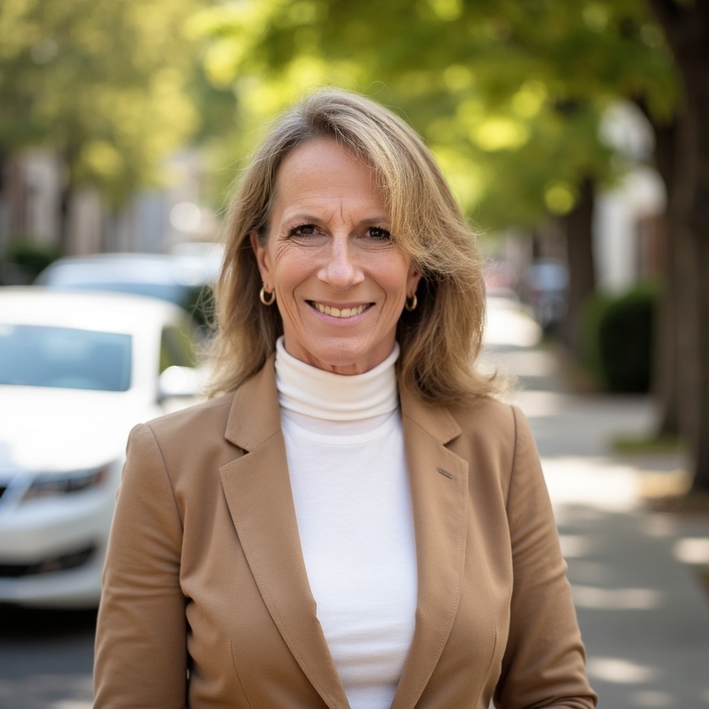 Smiling woman in a brown blazer and white turtleneck stands on a tree-lined street, exuding confidence and approachability.