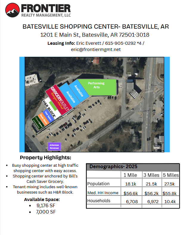 Aerial view of Batesville Shopping Center in Arkansas, highlighting tenant spaces, including Grocery Outlet and H&R Block, with available leasing information.