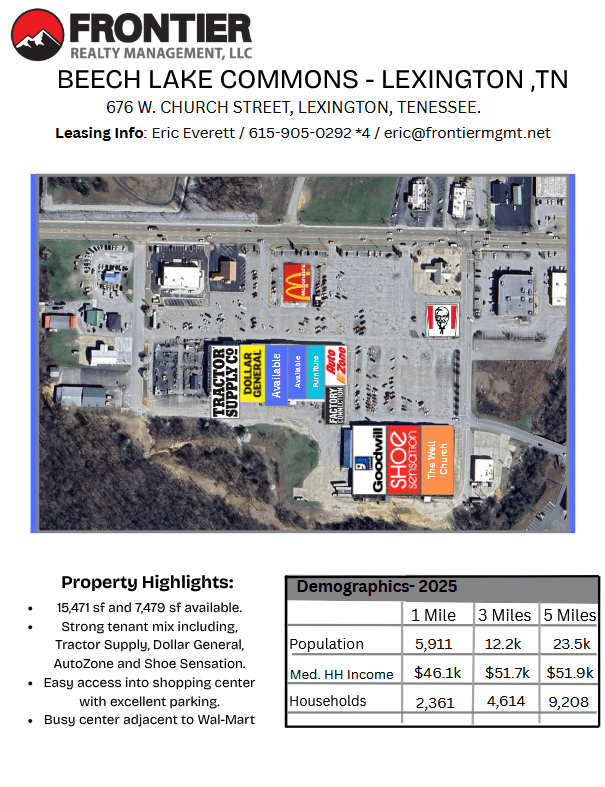 Aerial view of Beech Lake Commons in Lexington, TN, highlighting tenant spaces including Tractor Supply, Dollar General, and Goodwill.