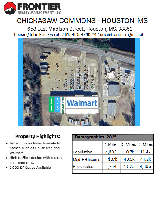 Aerial view of Chickasaw Commons in Houston, MS, showcasing Walmart and nearby retailers, with key demographic data and leasing information highlighted.