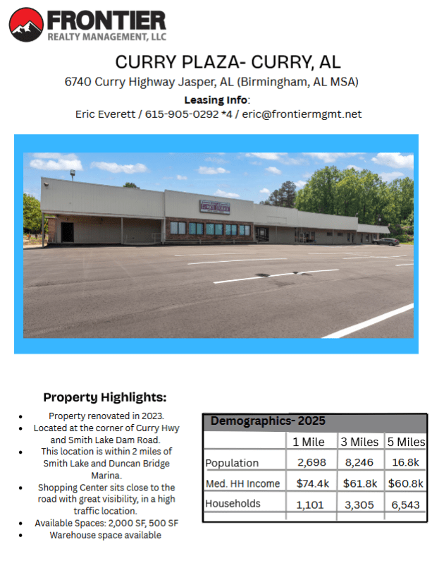 Curry Plaza in Jasper, AL, featuring a renovated retail space prominently located at a busy intersection. Leasing information included.