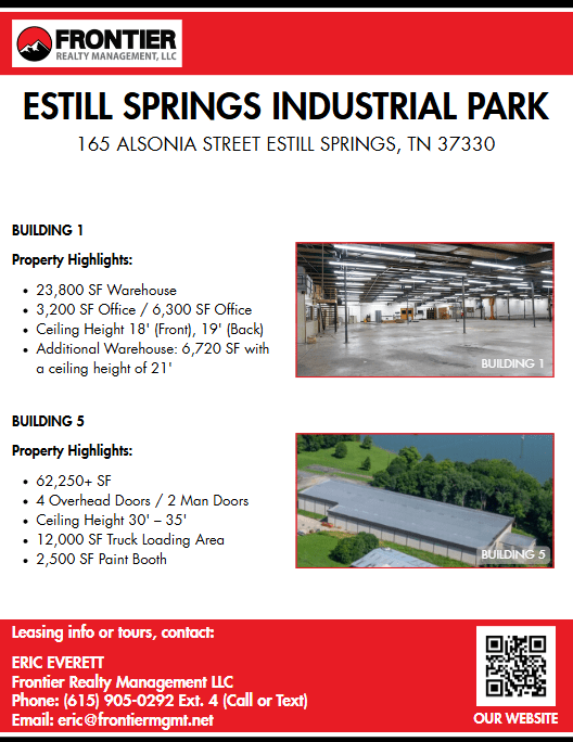 Estill Springs Industrial Park details, featuring Building 1 and Building 5 specifications, including warehouse sizes and ceiling heights.