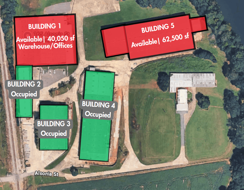 Map of a property showing five buildings, with Building 1 and Building 5 available for lease, and Buildings 2, 3, and 4 occupied.