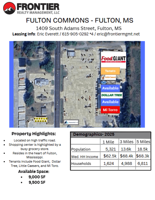 Aerial view of Fulton Commons shopping center in Fulton, MS, highlighting tenants like Food Giant and Dollar Tree, with available leasing spaces.