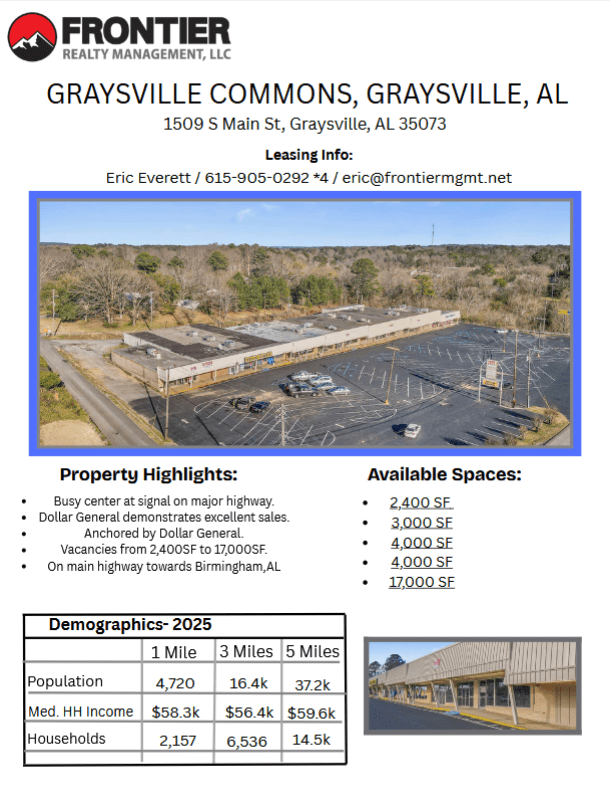 Graysville Commons, a commercial property in Graysville, AL, features available retail spaces from 2,400 to 17,000 SF, anchored by Dollar General.