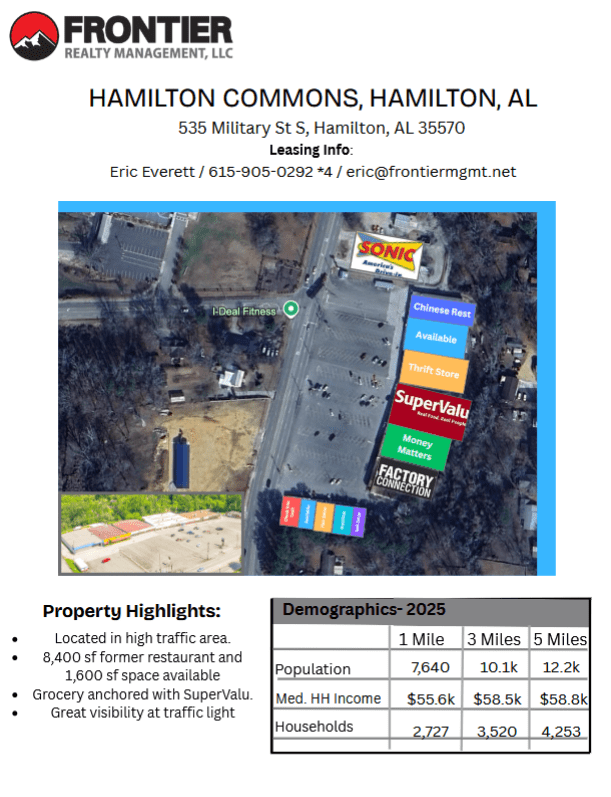 Map of Hamilton Commons in Hamilton, AL, highlighting local businesses, leasing details, and demographic information for potential investors.