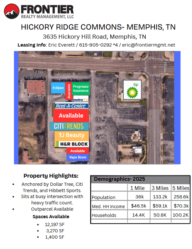 Aerial view of Hickory Ridge Commons in Memphis, TN, featuring available retail spaces and key anchors like Dollar Tree and H&R Block.