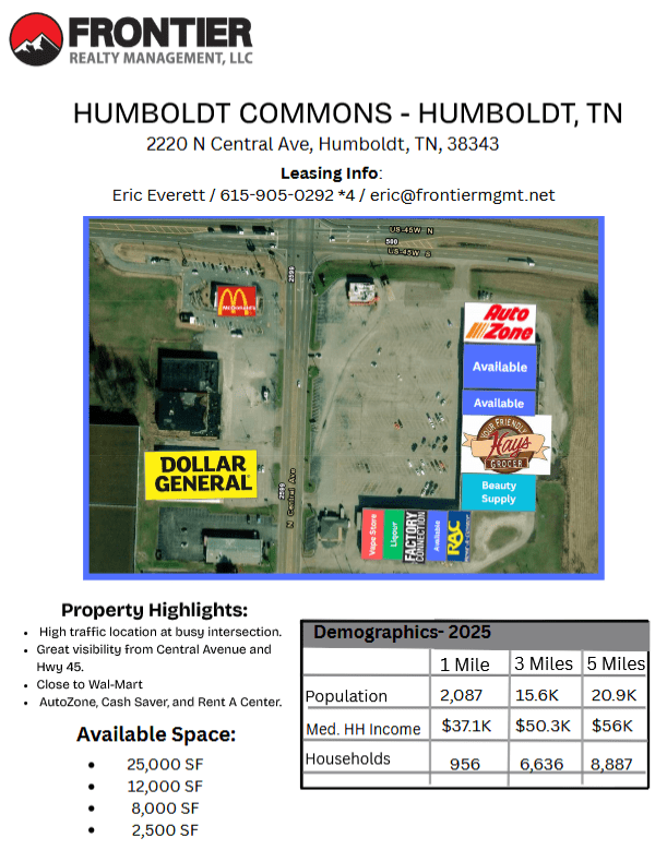 Aerial view of Humboldt Commons in Humboldt, TN, showcasing retail spaces, nearby businesses, and demographic highlights for leasing information.