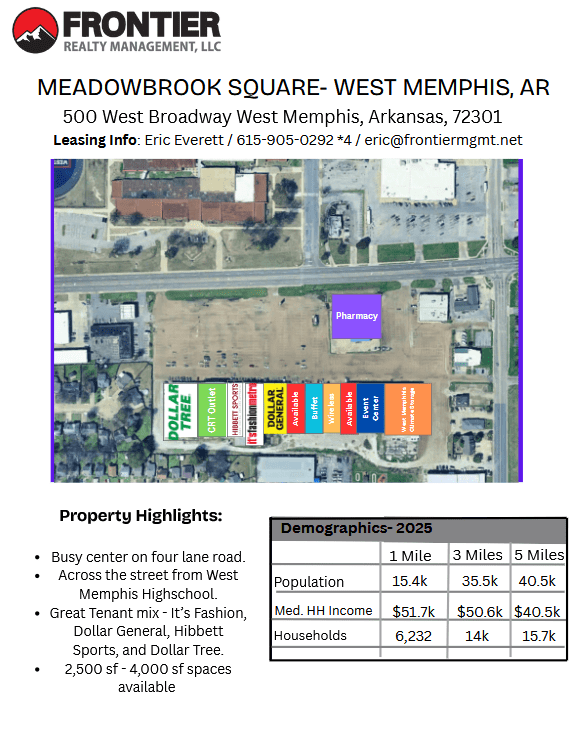 Aerial view of Meadowbrook Square in West Memphis, showcasing retail locations, demographics, and leasing information pertinent for potential tenants.