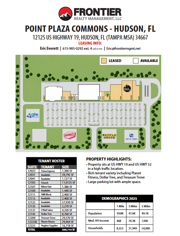 Site plan of Point Plaza Commons in Hudson, FL, highlighting available and leased commercial spaces, tenant roster, and property demographics for leasing information.