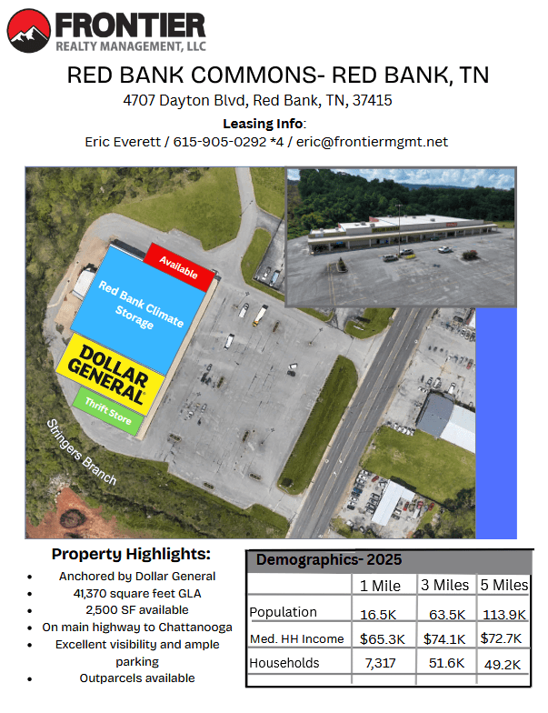 Aerial view of Red Bank Commons in Red Bank, TN, highlighting available leasing spaces, including Dollar General and Red Bank Climate Storage.