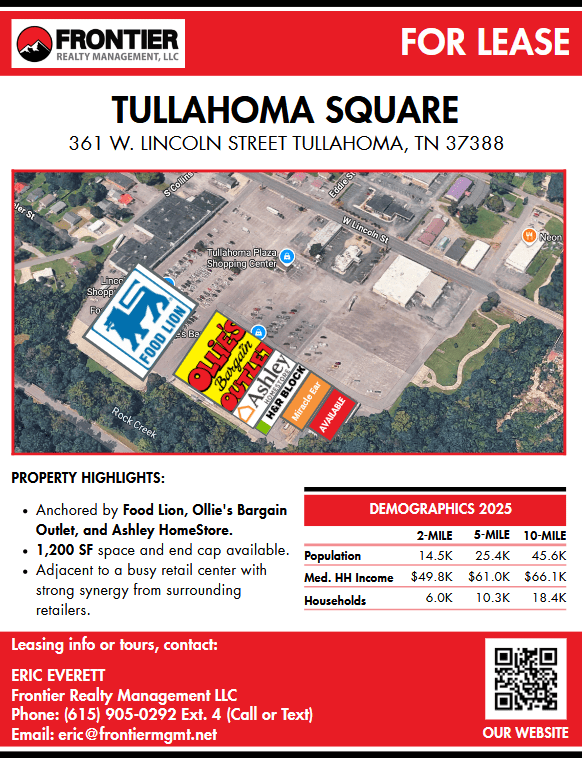 Map illustrating Tullahoma Square for lease, detailing key anchors like Food Lion and Ollie's Bargain Outlet, plus demographics and contact information.