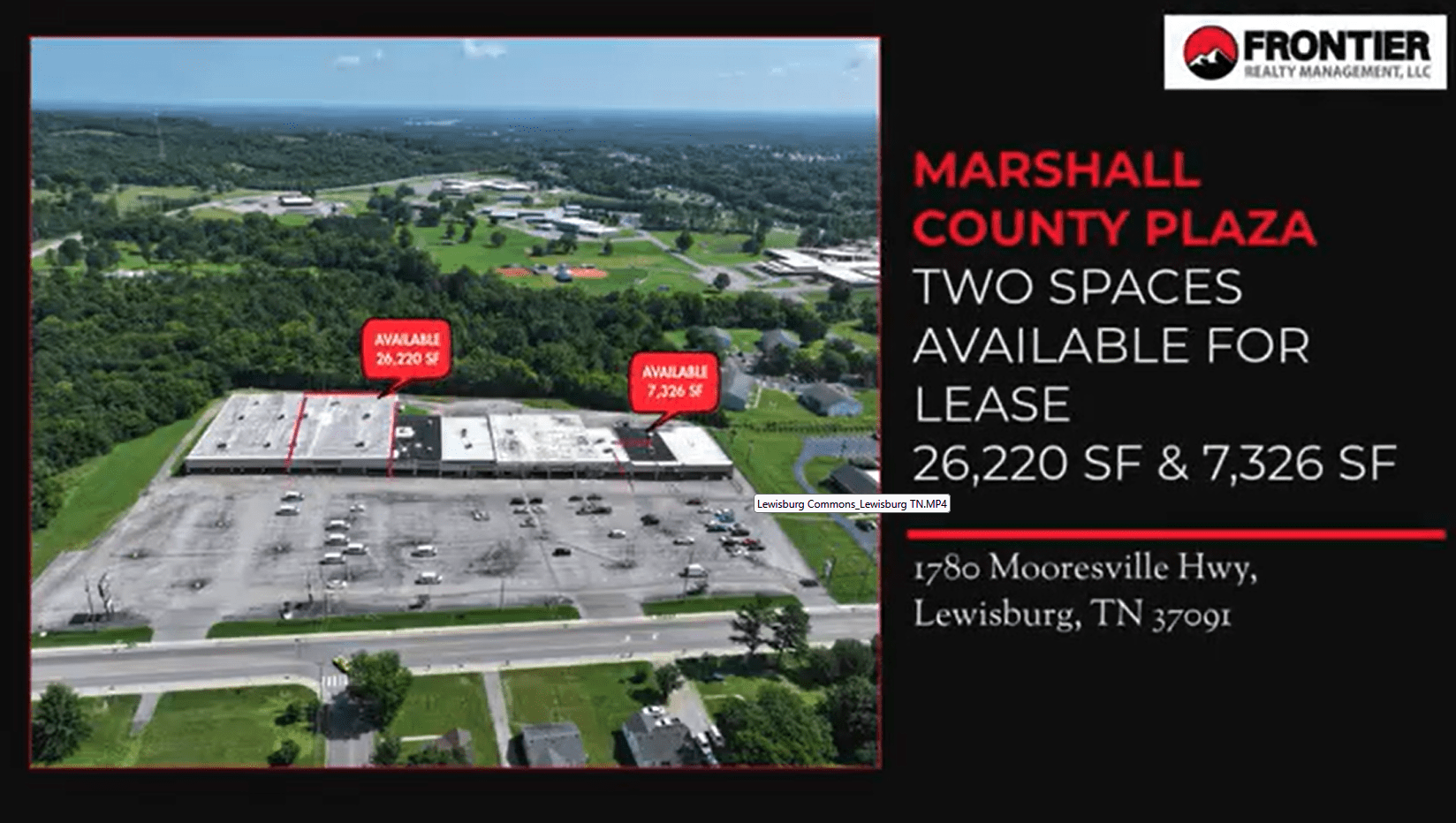 Aerial view of Marshall County Plaza in Lewisburg, TN, highlighting two available lease spaces: 26,220 SF and 7,326 SF.